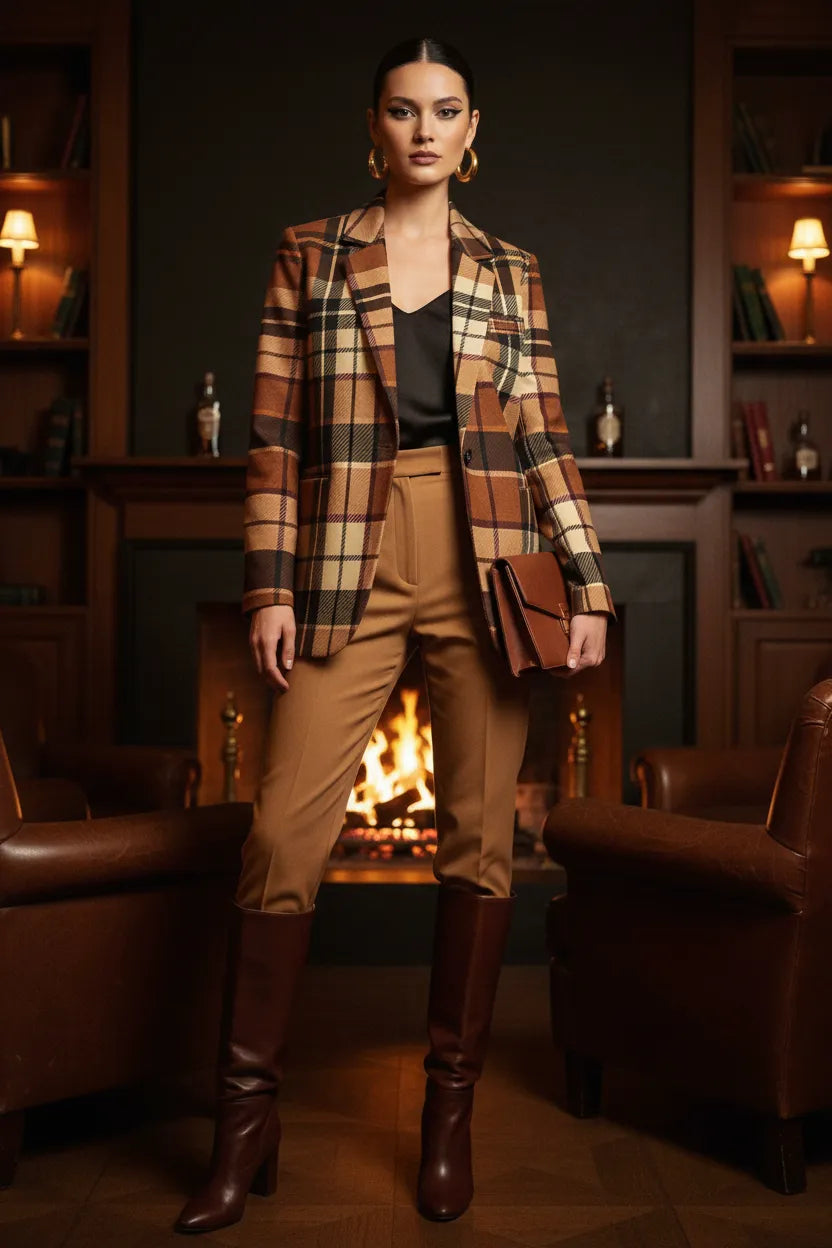 Brown tartan women's blazer from Angelic Blessings Shop styled with tan pants and brown boots