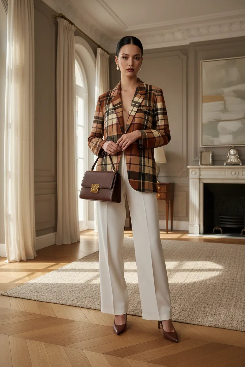 Model wearing a brown tartan women's blazer from Angelic Blessings Shop styled with white pants and a brown handbag
