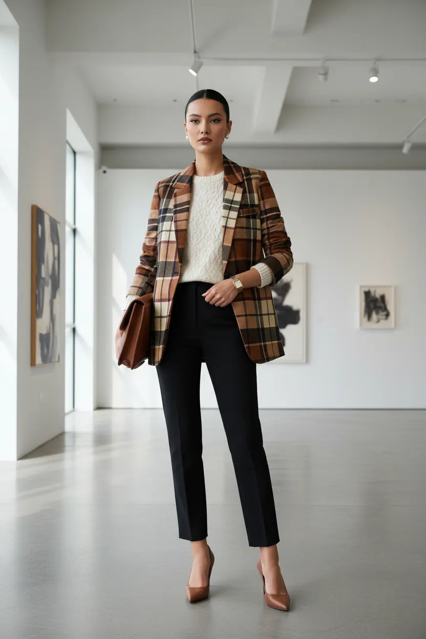 Brown tartan women's blazer from Angelic Blessings Shop worn with black pants and beige heels