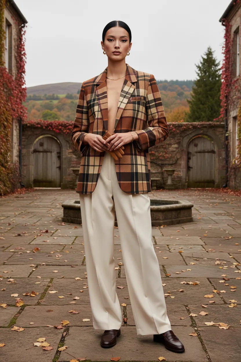 Brown tartan women's blazer styled with cream trousers and brown shoes in outdoor autumn setting