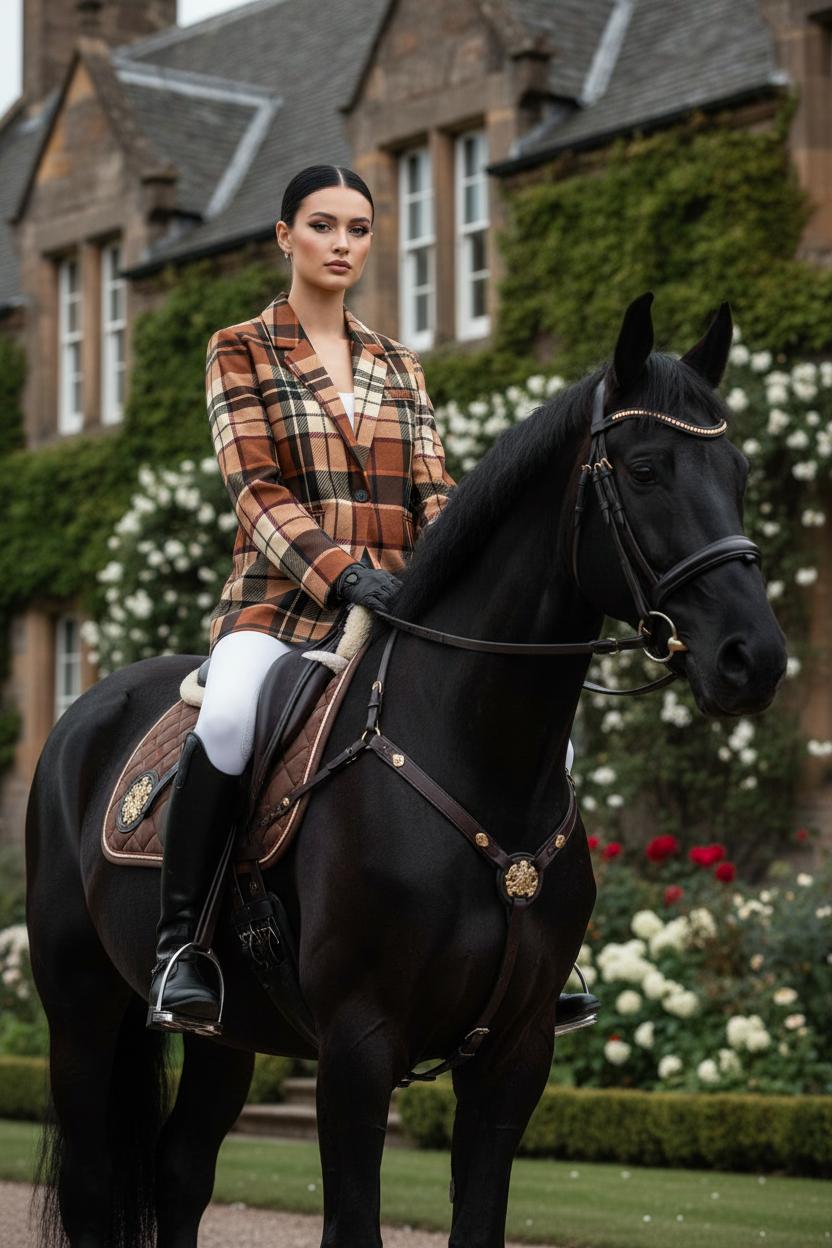 Brown tartan women's blazer worn by model riding a black horse in a garden setting
