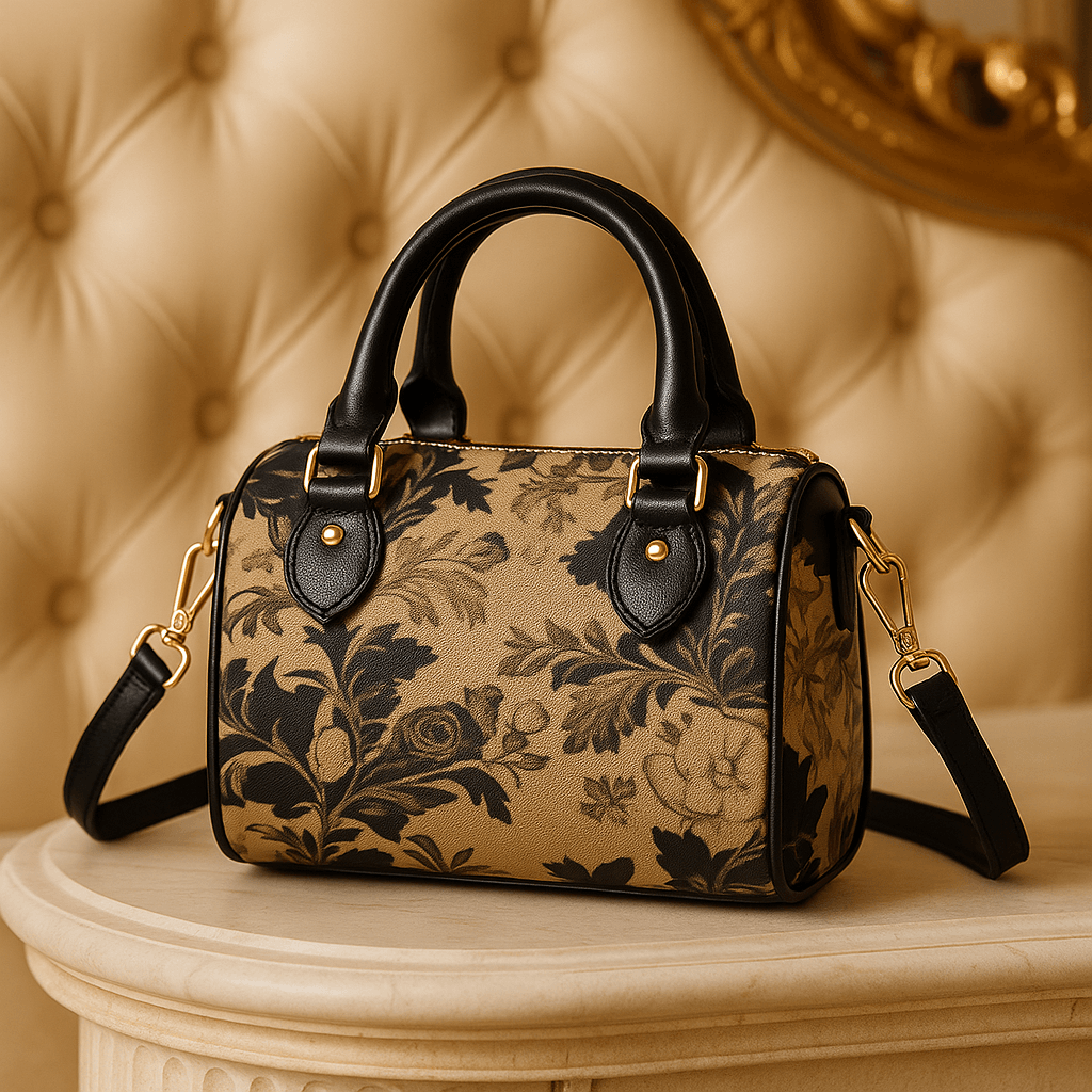 Mini Boston bag cinematic style barrel handbag with black floral pattern and leather handles