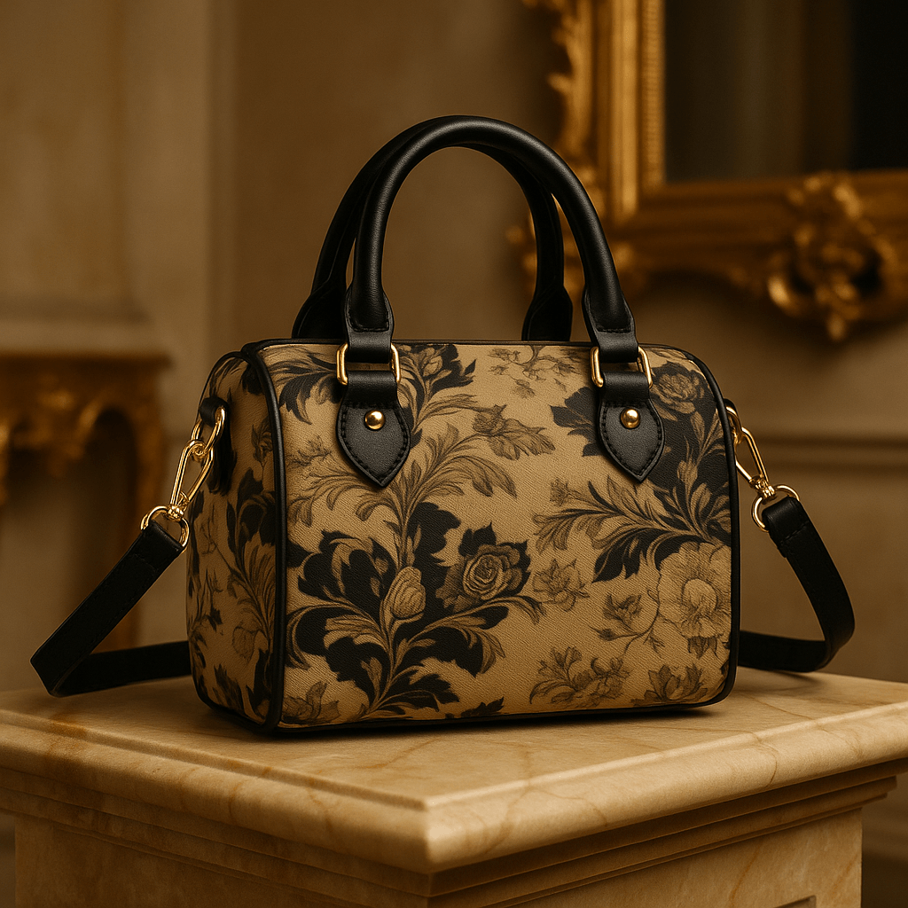 Angelic Blessings Shop mini Boston bag cinematic style floral barrel handbag with black handles and gold hardware