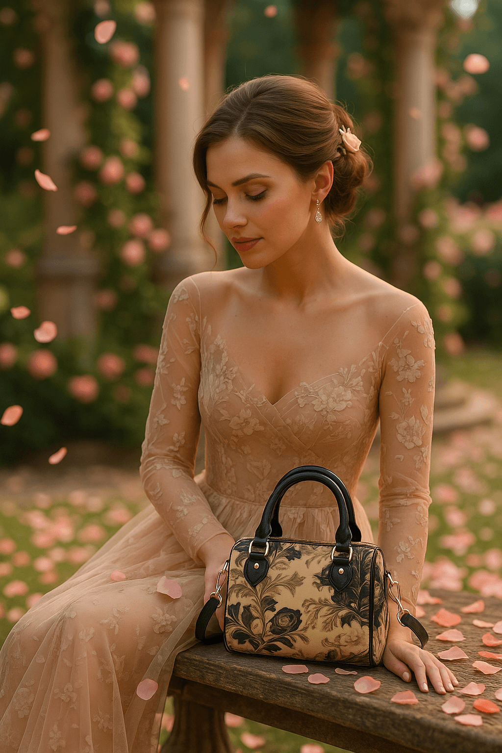 Angelic Blessings Shop mini Boston bag cinematic style with floral pattern held by woman in elegant lace dress
