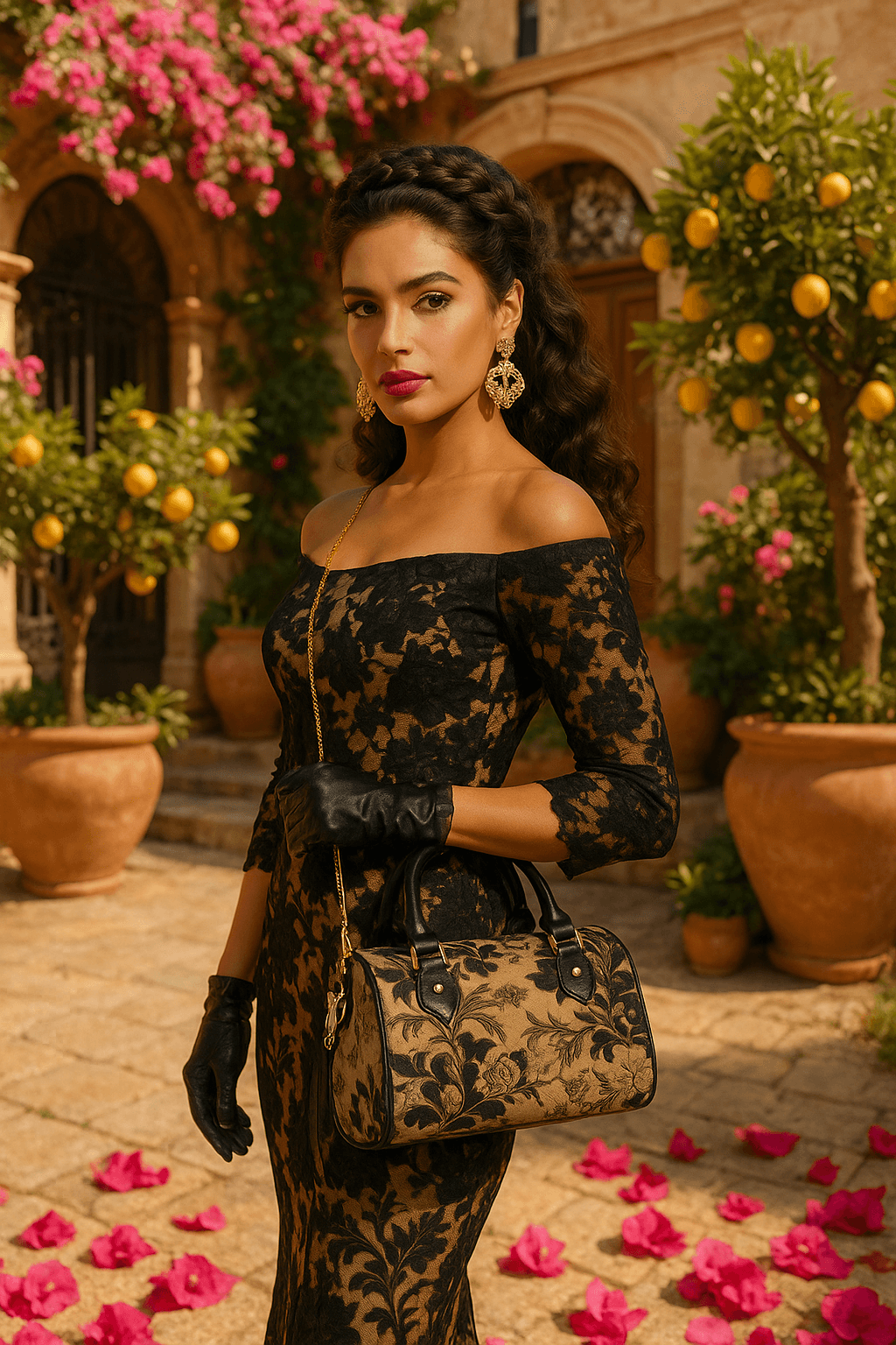 Woman holding mini Boston bag cinematic style barrel handbag with floral pattern at Angelic Blessings Shop