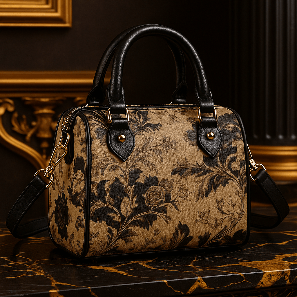 Angelic Blessings Shop mini Boston bag cinematic style barrel handbag with floral black and tan design