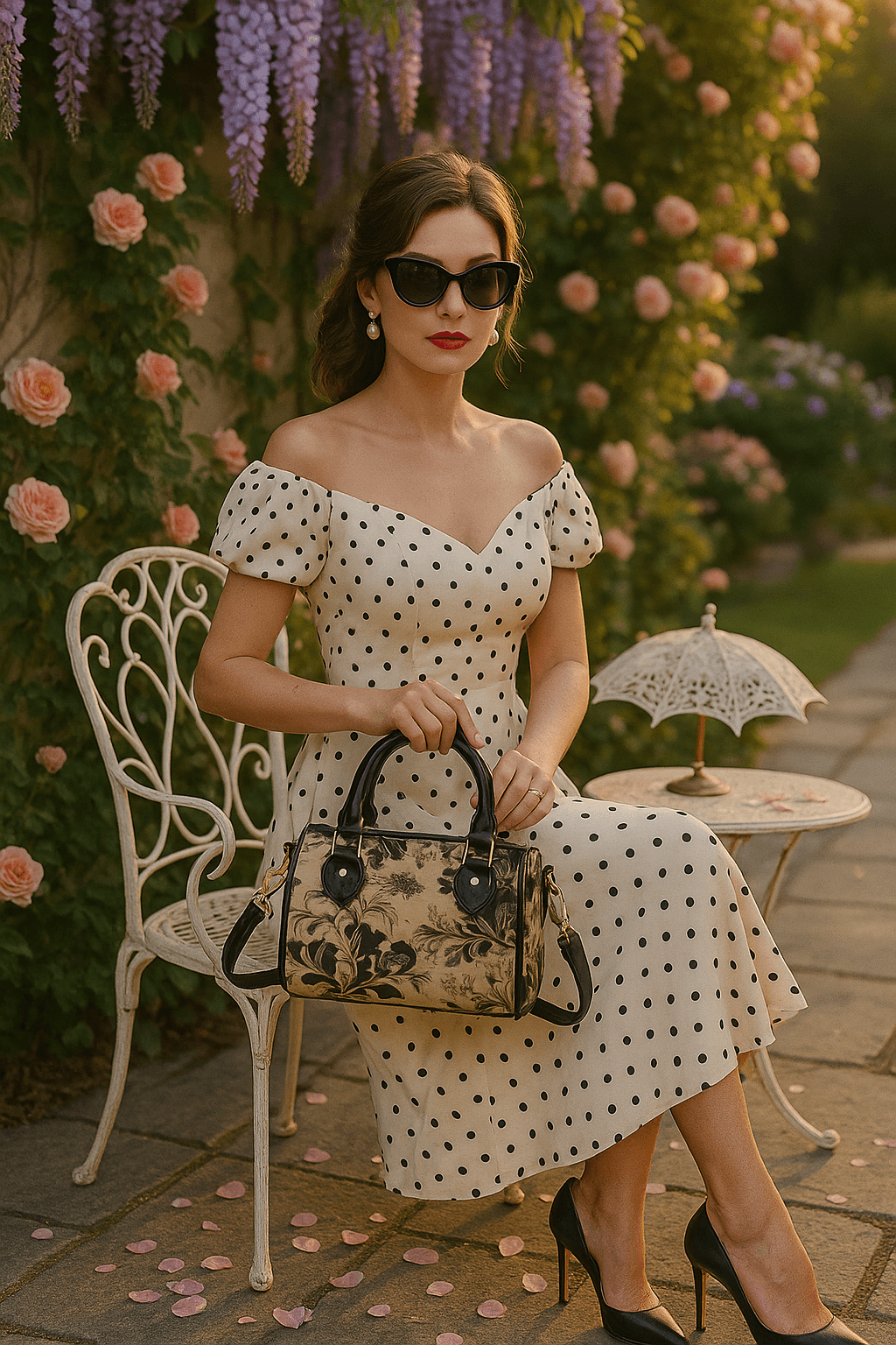 Woman in polka dot dress holding mini Boston bag cinematic style sitting in garden with flowers