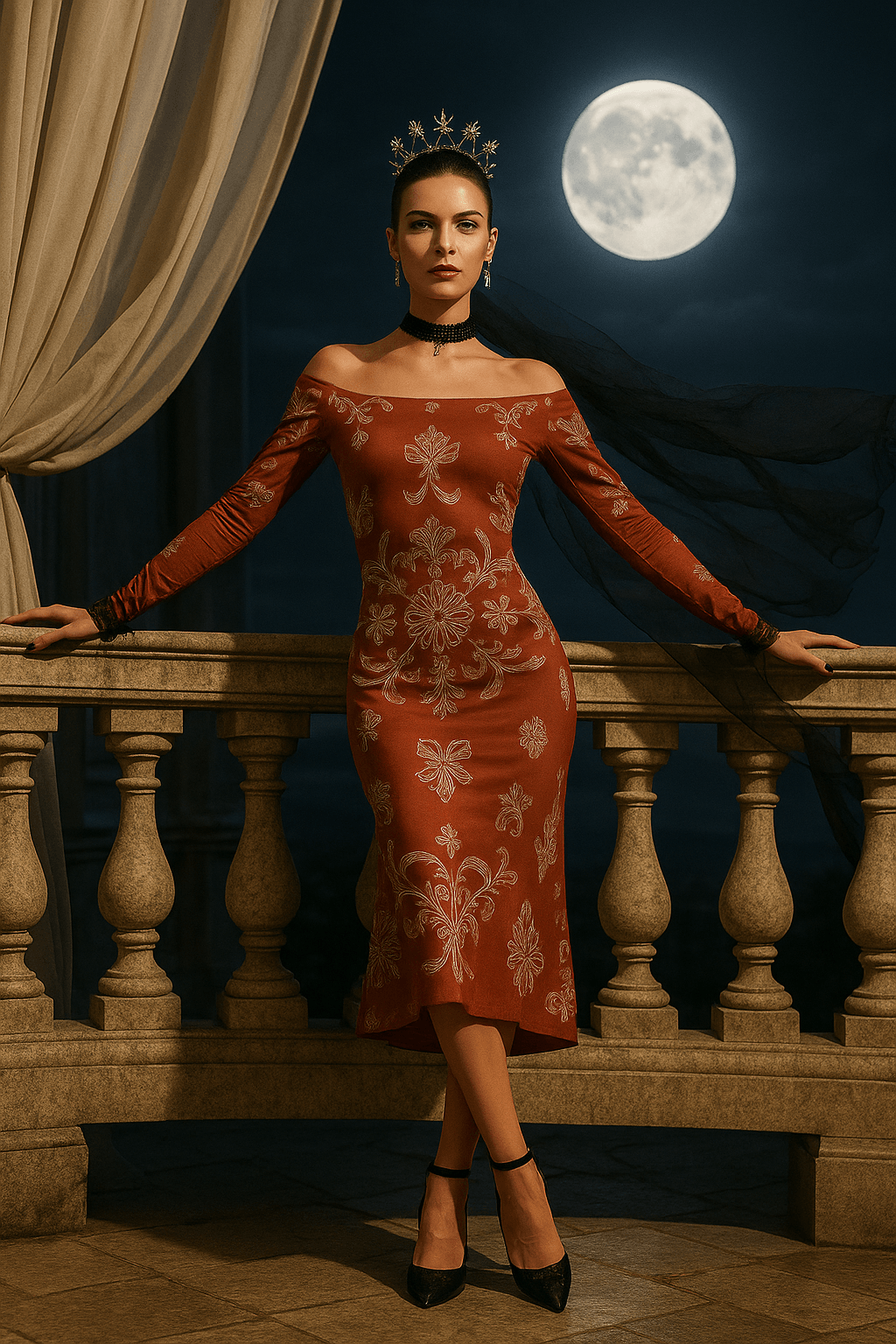 Angelic Blessings luxury off shoulder baroque dress in rust color with floral patterns worn at night