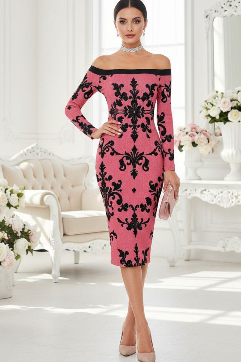 Pink Baroque Print Long Sleeve Midi Dress | Elegant Off-the-Shoulder Women's Bodycon Dress (S–6XL) - Angelic Blessings