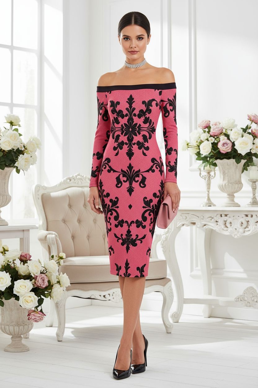 Pink Baroque Print Long Sleeve Midi Dress | Elegant Off-the-Shoulder Women's Bodycon Dress (S–6XL) - Angelic Blessings