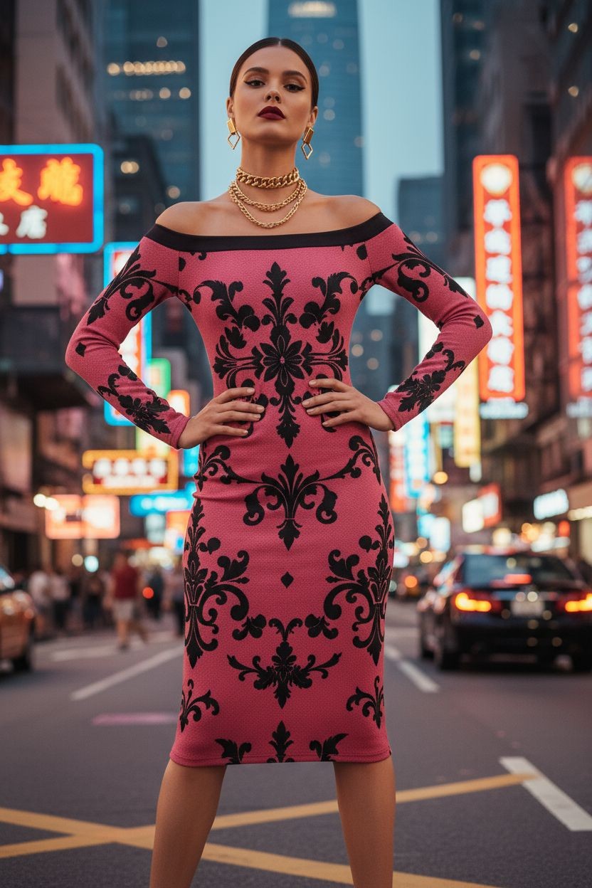 Pink Baroque Print Long Sleeve Midi Dress | Elegant Off-the-Shoulder Women's Bodycon Dress (S–6XL) - Angelic Blessings
