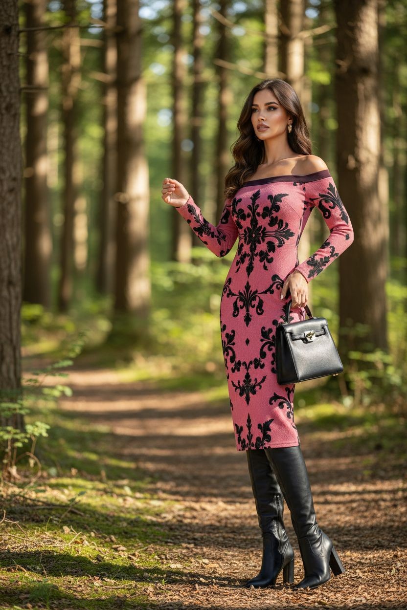 Pink Baroque Print Long Sleeve Midi Dress | Elegant Off-the-Shoulder Women's Bodycon Dress (S–6XL) - Angelic Blessings