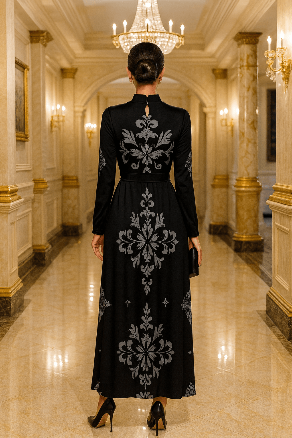 Angelic Blessings Victorian black maxi dress with intricate floral patterns in a luxury evening setting