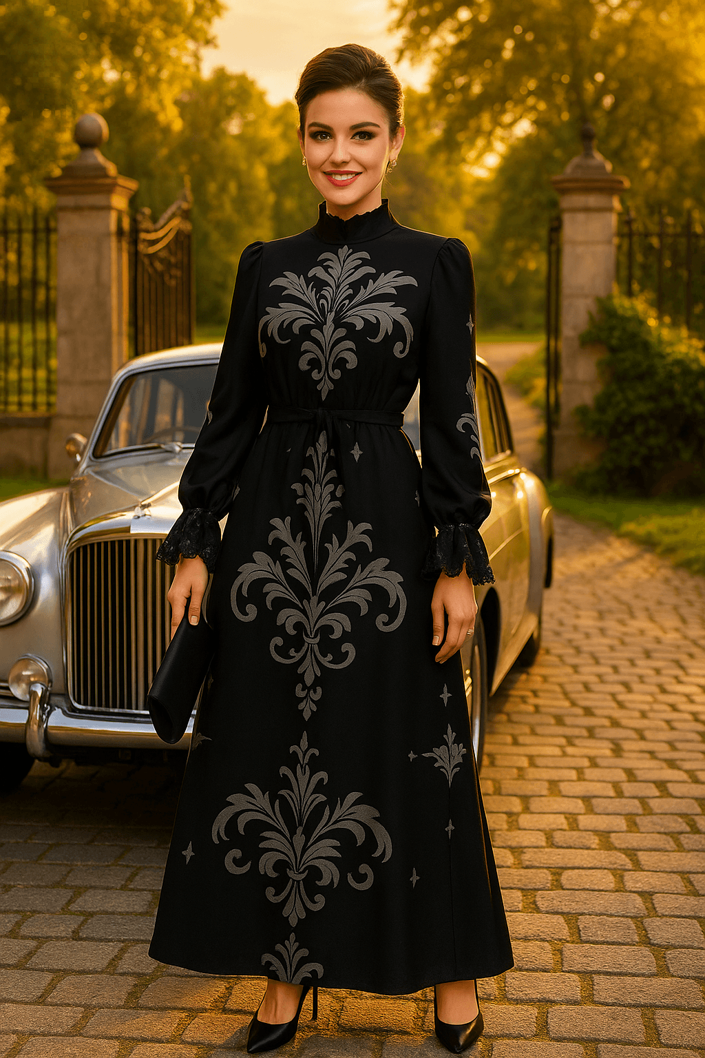 Angelic Blessings Victorian black maxi dress with long sleeves and elegant floral patterns