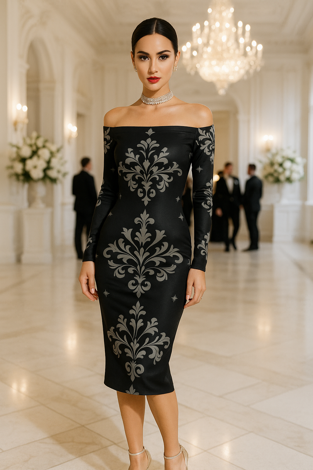 POD Victorian black off-shoulder dress with elegant silver baroque pattern, long sleeves, and fitted silhouette