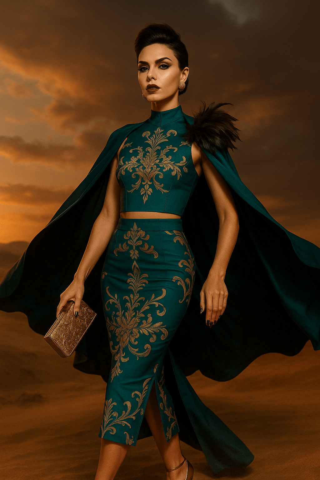 Victorian blue baroque co-ord set featuring a fitted high-neck top and matching skirt with gold detailing