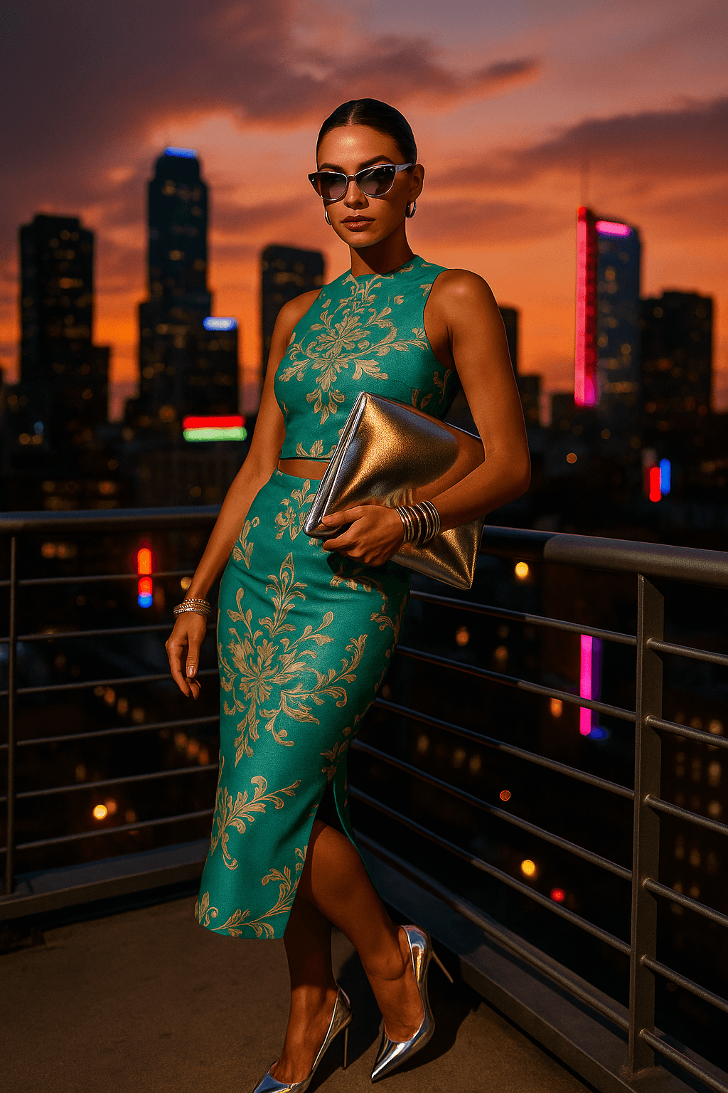 Woman wearing victorian blue baroque co-ord set from Angelic Blessings Shop with gold clutch and silver heels at sunset