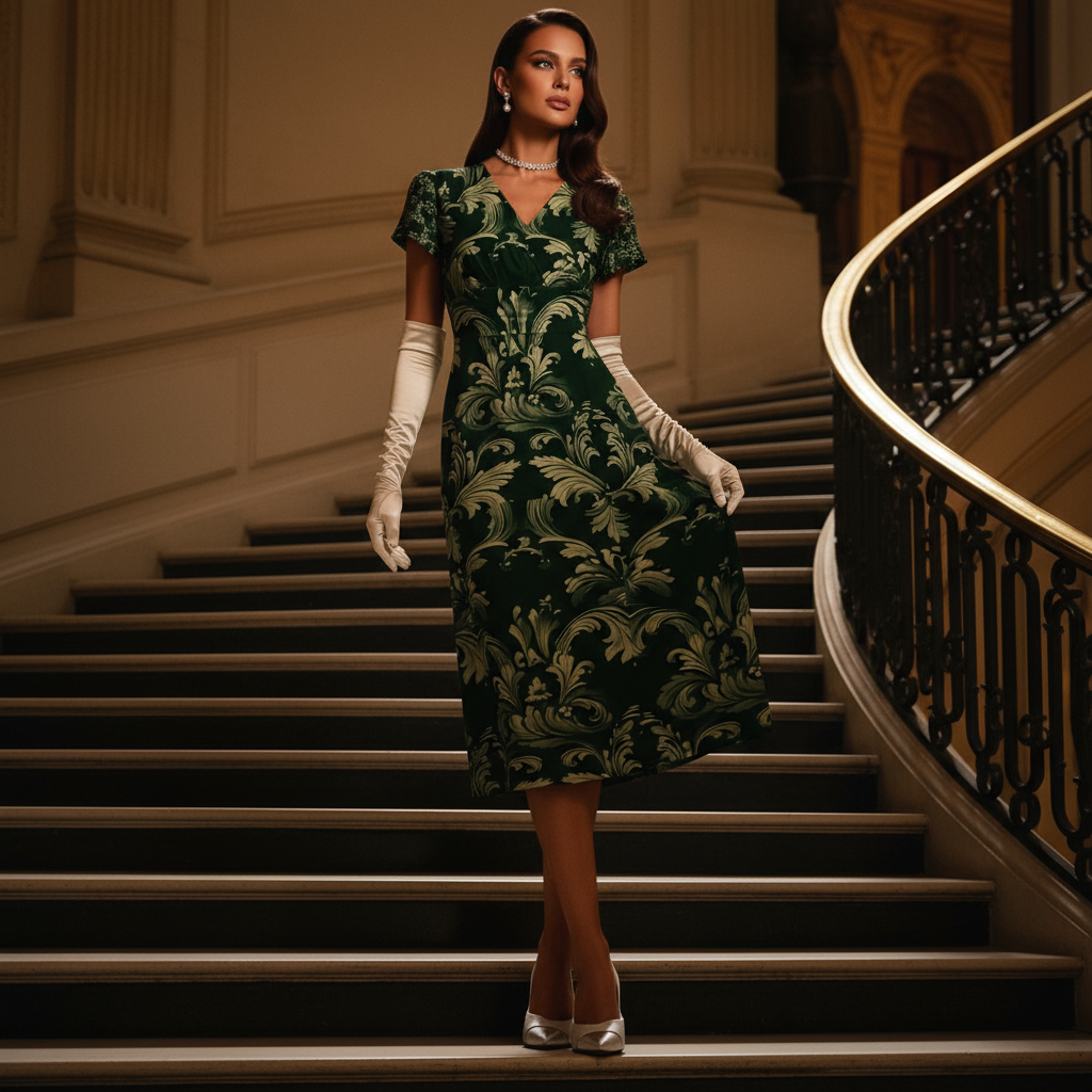 Model wearing a Victorian damask midi dress in green with white gloves on elegant staircase