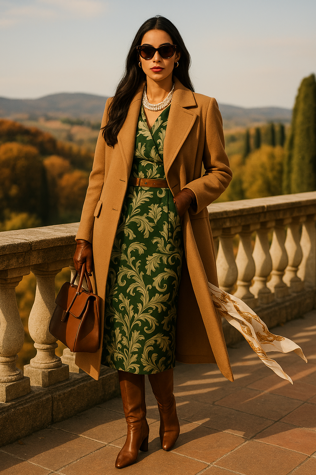 Victorian damask midi dress with green and gold pattern worn with camel coat and brown boots