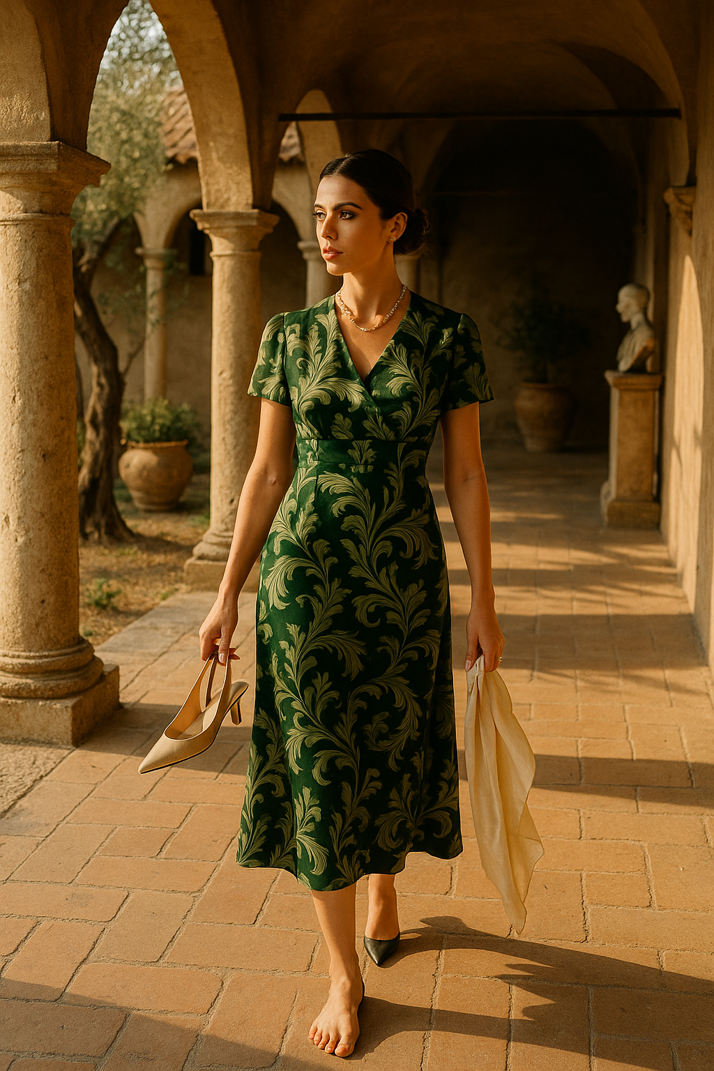 Woman wearing green Victorian damask midi dress walking in a sunlit historic corridor