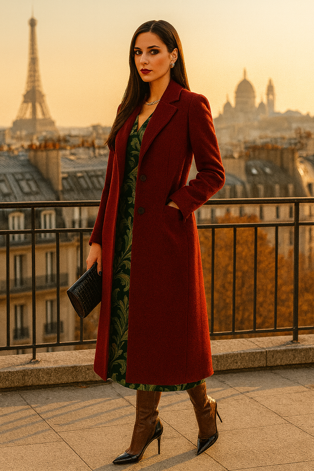 Woman wearing a Victorian damask midi dress under a long red coat in a Paris cityscape