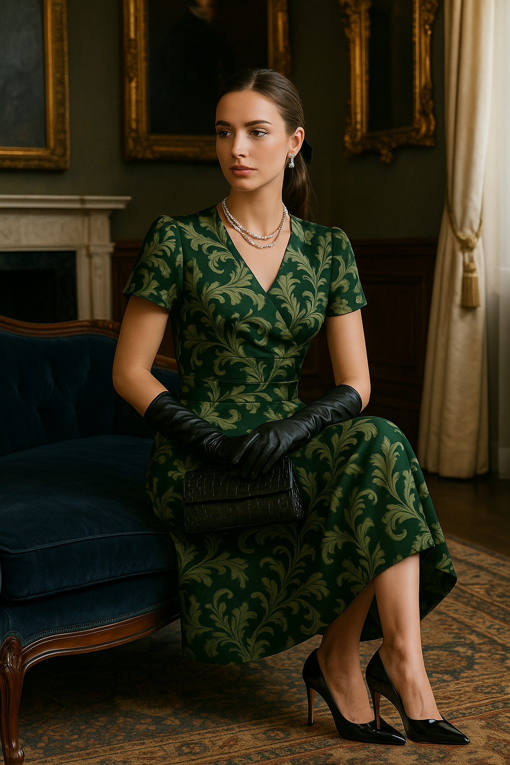Elegant Victorian damask midi dress in green and gold worn with black gloves and heels by Angelic Blessings Shop