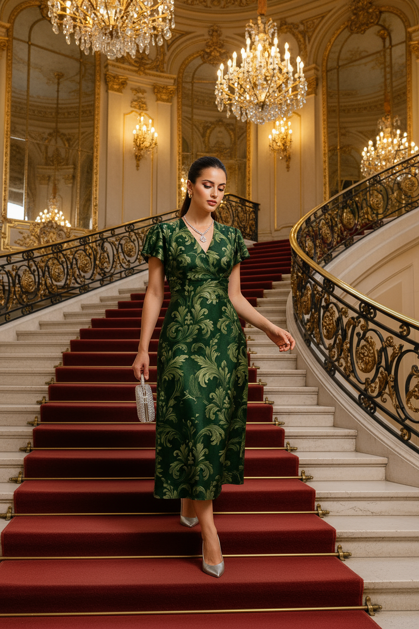 Woman wearing a green Victorian damask midi dress walking down ornate staircase with chandeliers