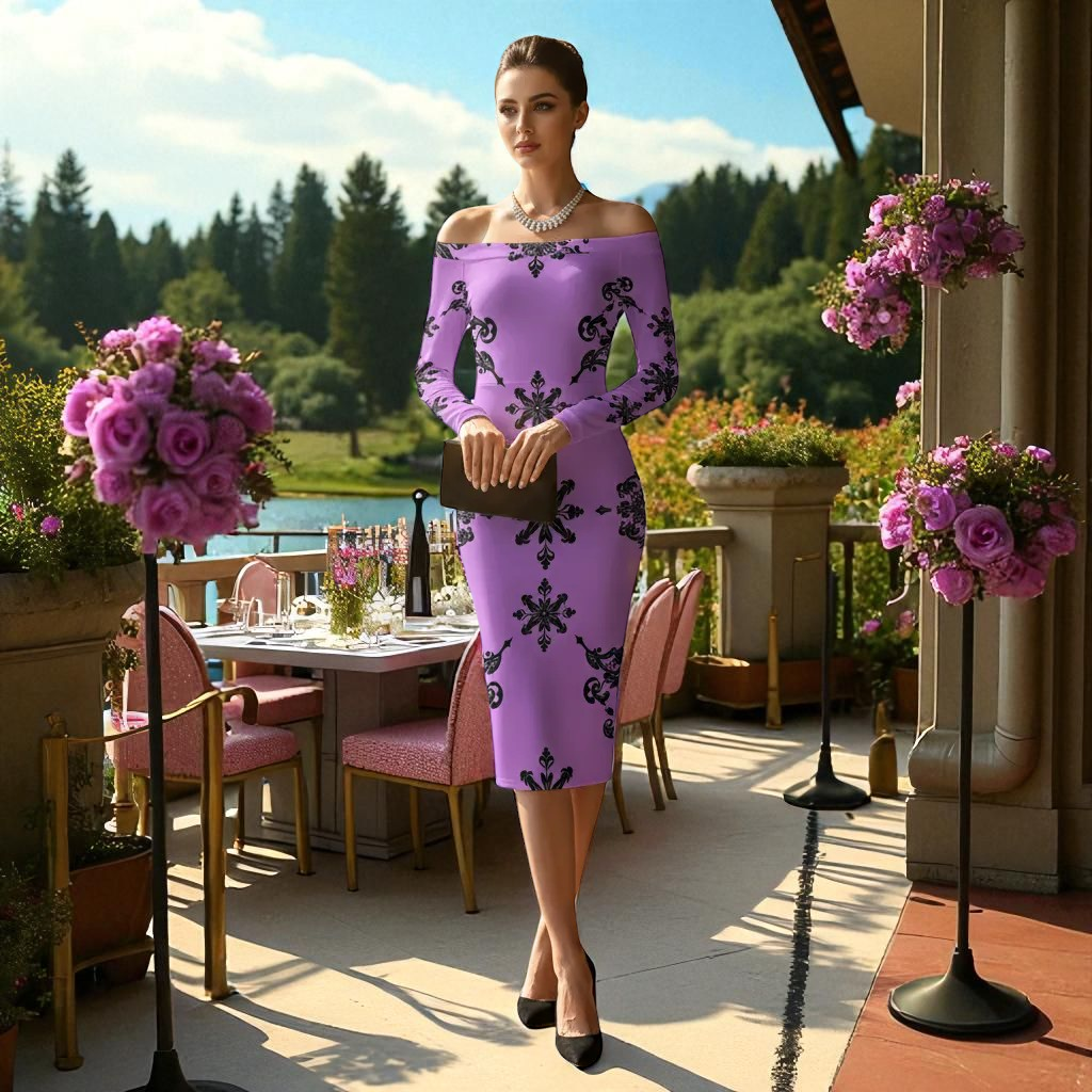Elegant Victorian violet off-shoulder dress with black floral pattern worn at outdoor luxury dining setting