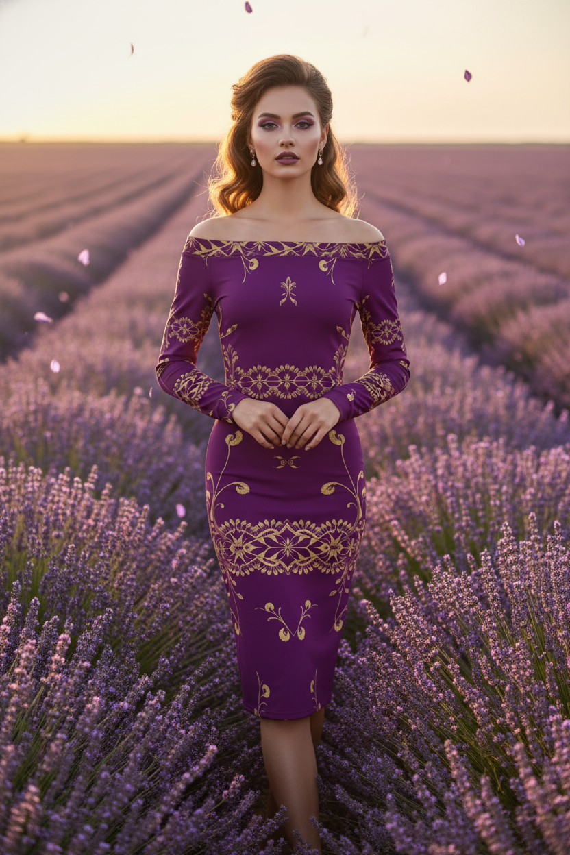 Vintage inspired purple and gold long-sleeve midi dress with retro elegant styling