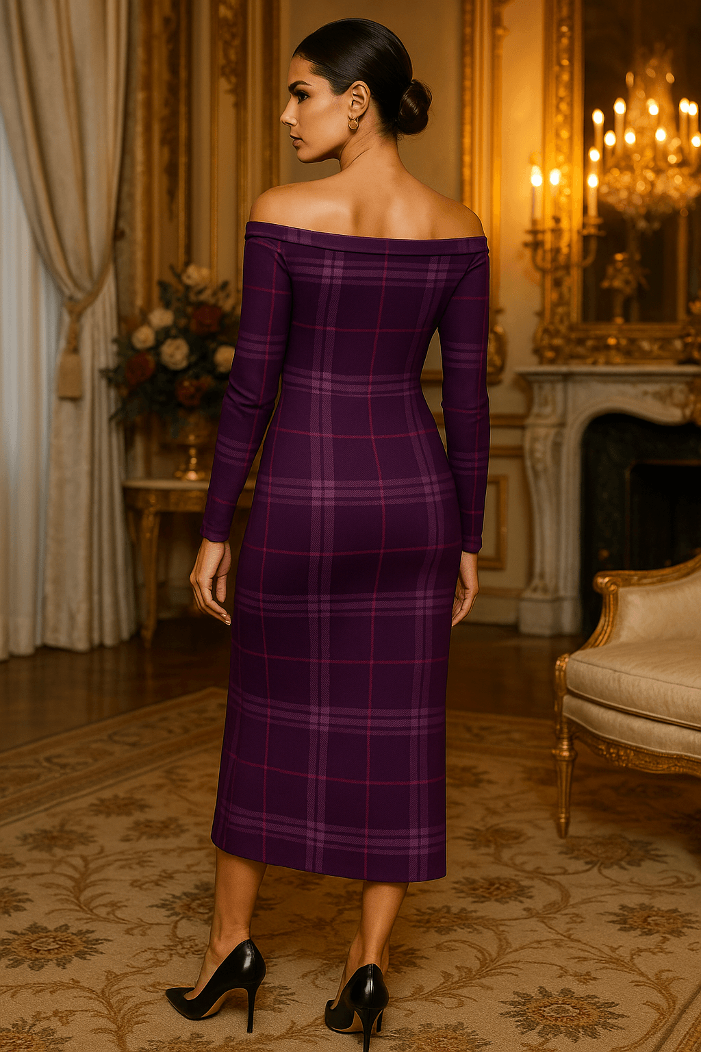 Woman wearing a violet tartan wrap dress with long sleeves and off-shoulder neckline by Angelic Blessings Shop