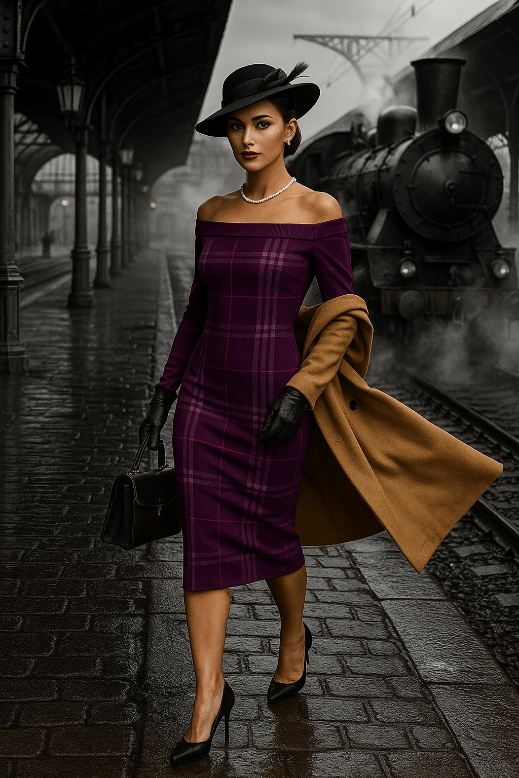 Woman wearing a violet tartan wrap dress with black gloves and hat walking at a vintage train station