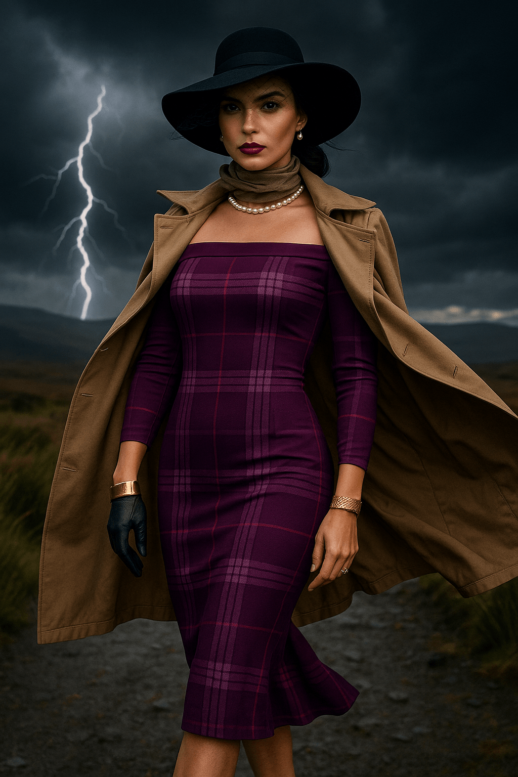 Woman wearing a violet tartan wrap dress with a brown trench coat and wide-brimmed hat in stormy landscape