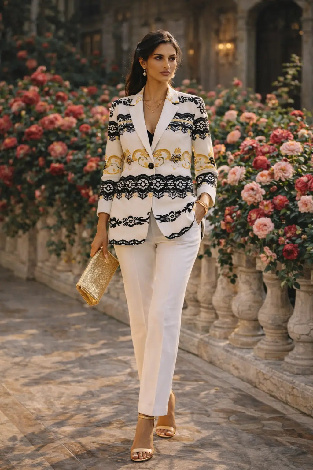 White tailored women blazer with black baroque lace detailing and sophisticated silhouette