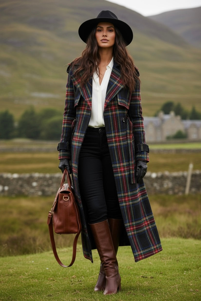 Womens tartan trench coat from Angelic Blessings Shop styled with black hat and brown boots outdoors