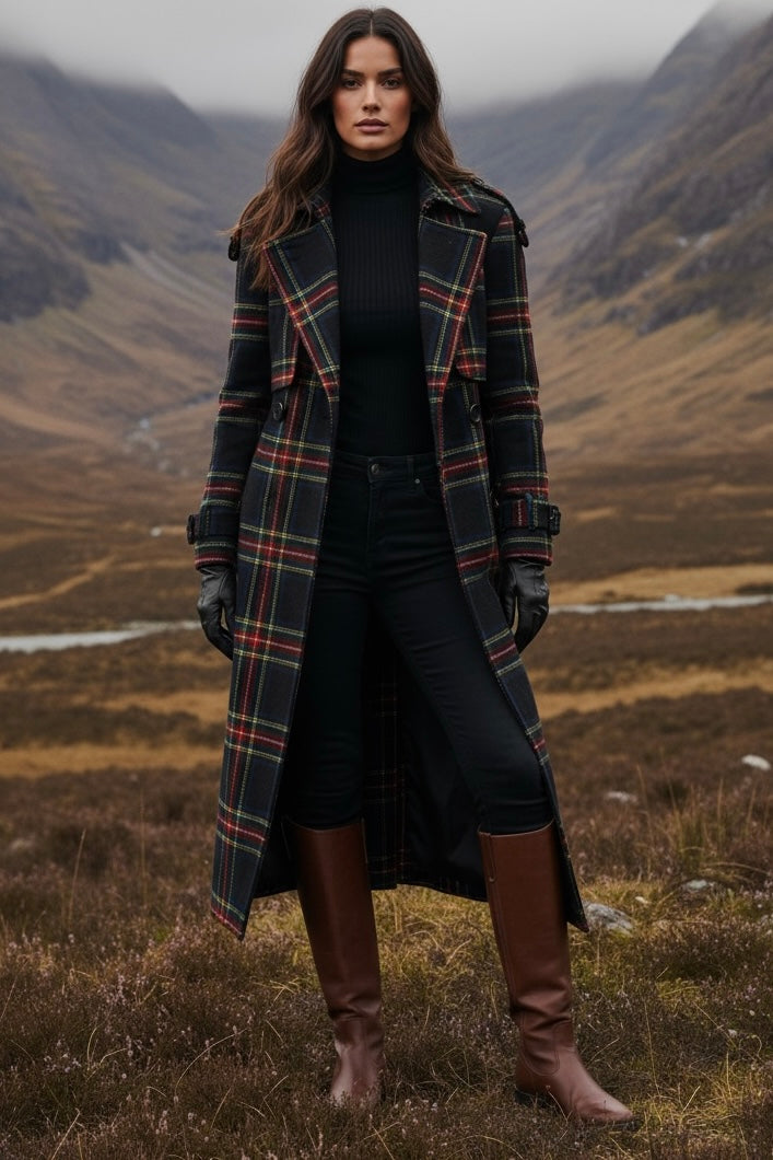 Woman wearing women's tartan trench coat with black turtleneck and brown boots in outdoor landscape