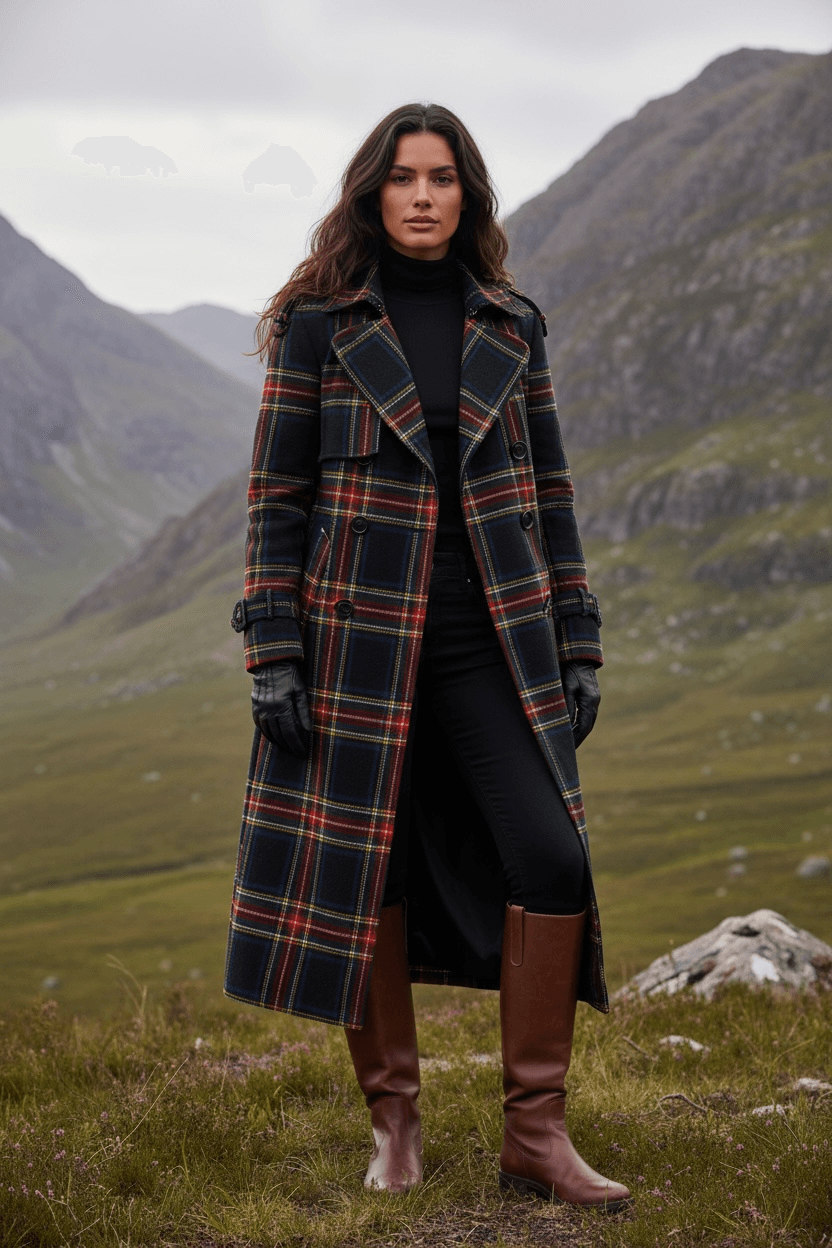 Woman wearing women's tartan trench coat with long plaid design in outdoor mountainous landscape