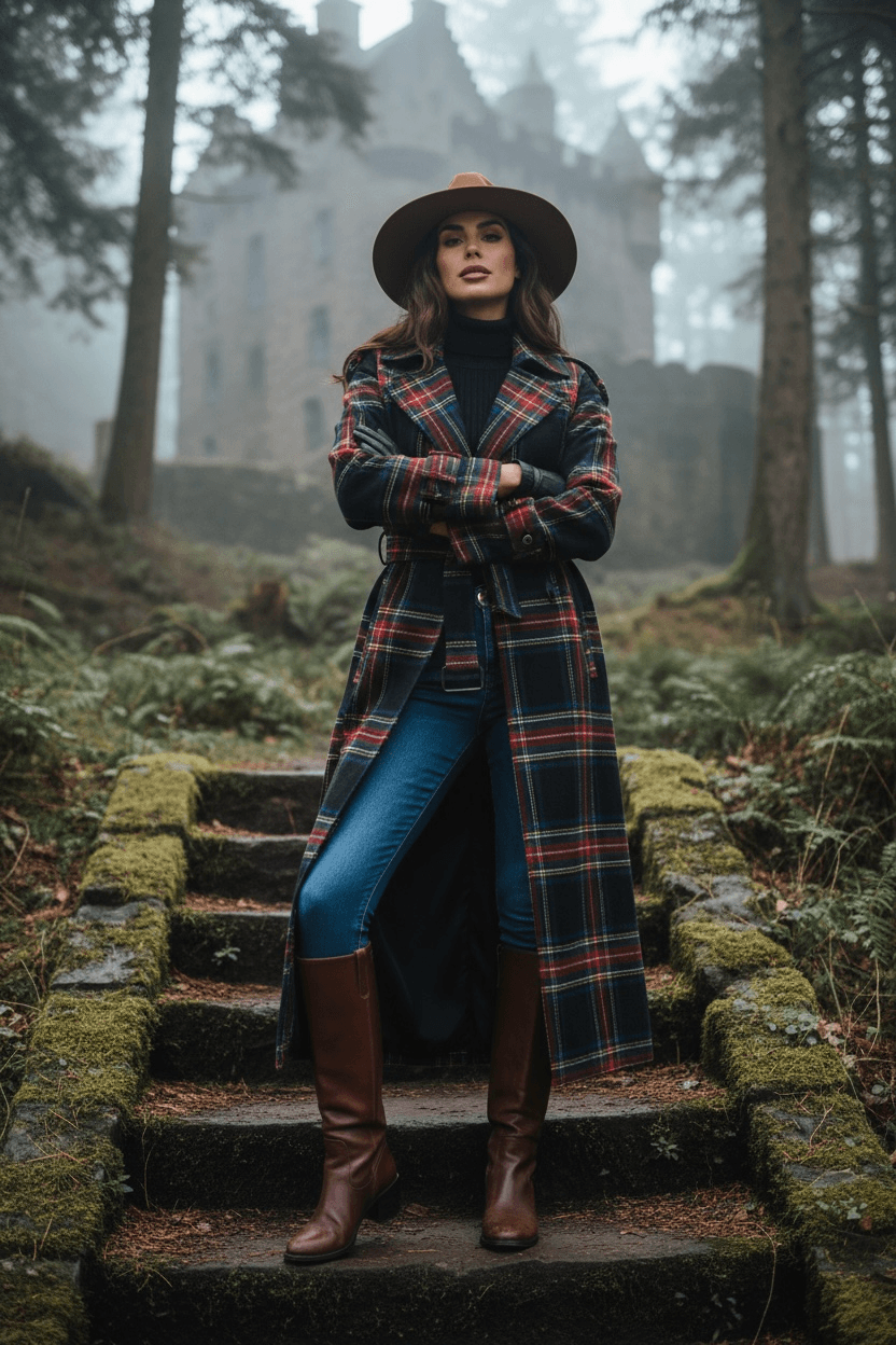 Woman wearing women's tartan trench coat from Angelic Blessings Shop standing on mossy stone steps in forest