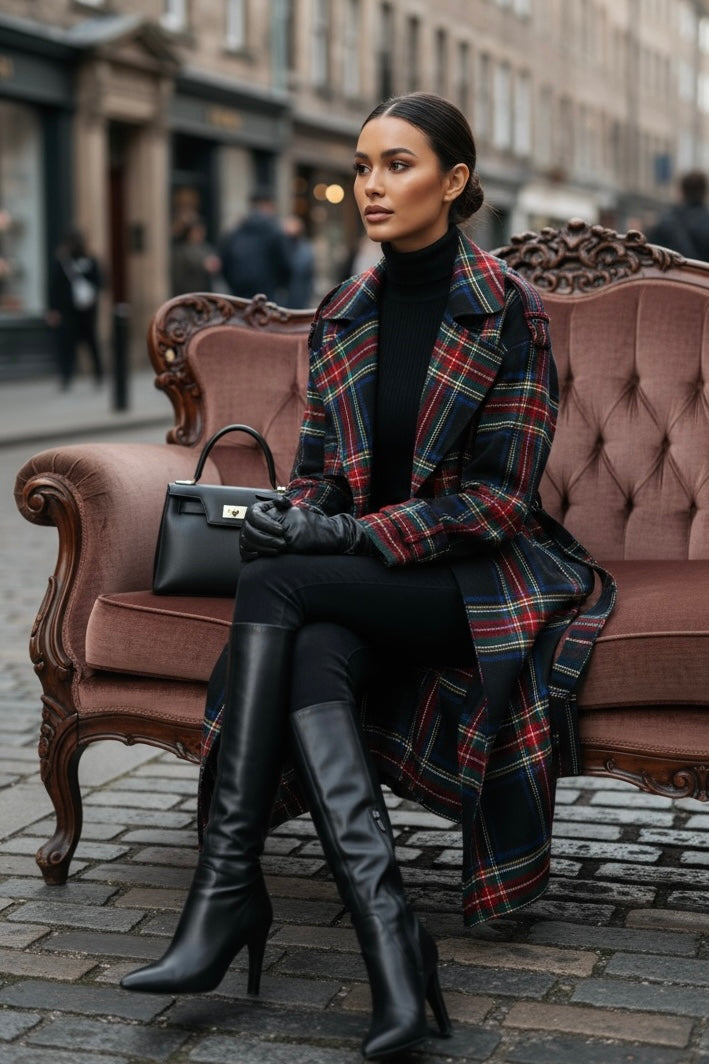 Elegant woman wearing women's tartan trench coat sitting on vintage sofa outdoors with black boots and handbag