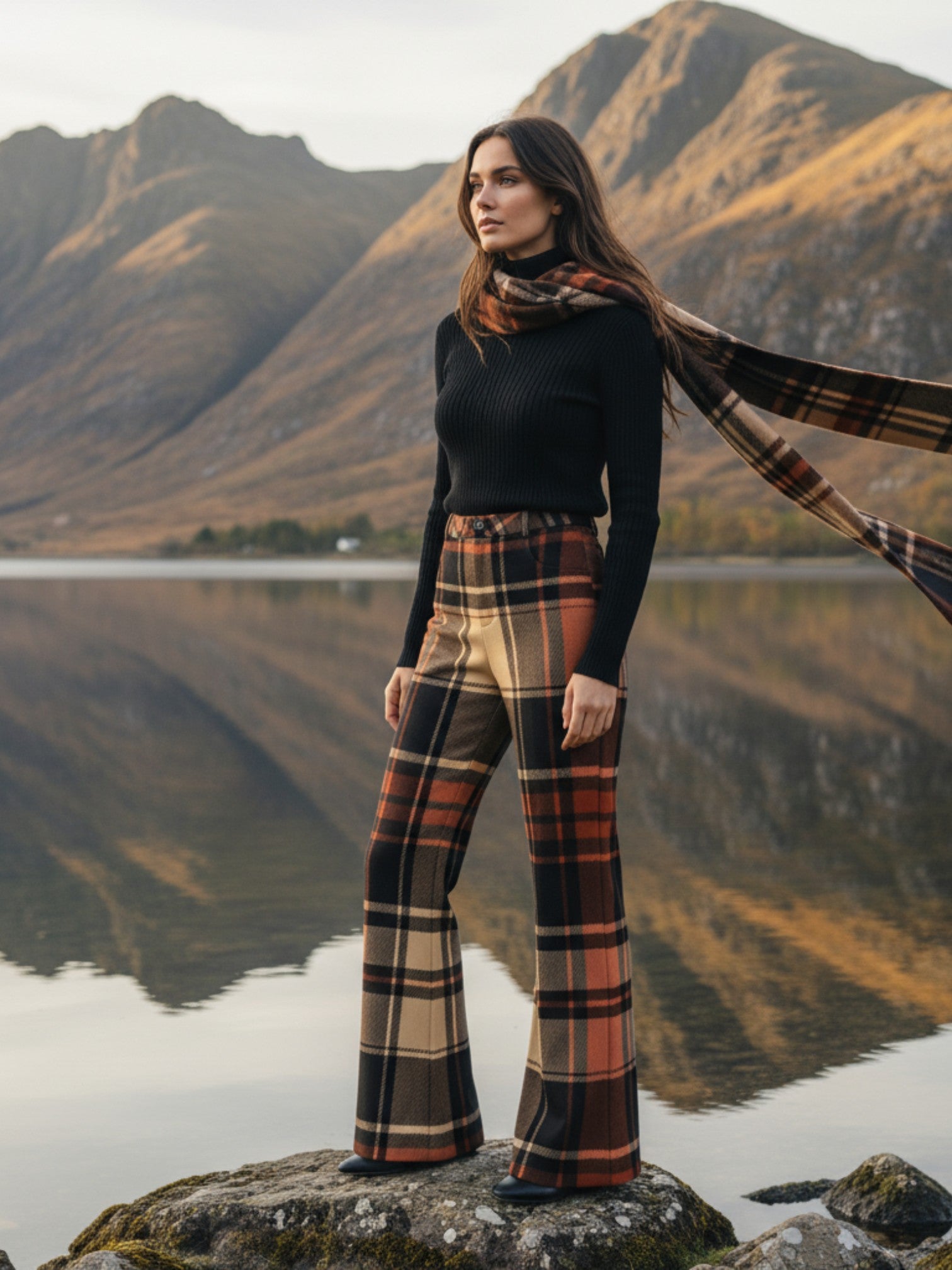 Women’s wide leg high waist tartan trousers in brown and beige plaid worn with black top by lake and mountains
