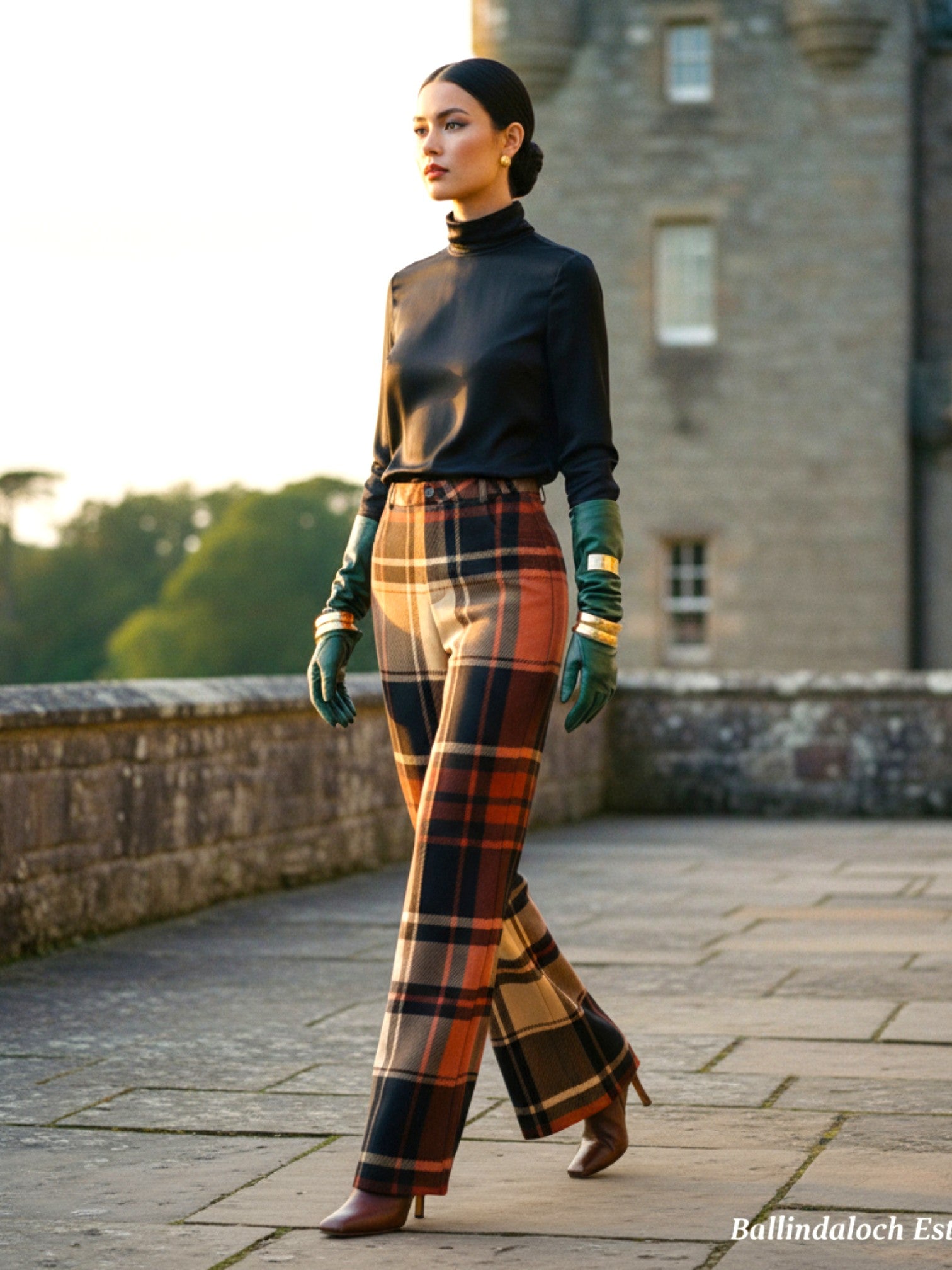 Woman wearing women’s wide leg high waist tartan trousers in orange and black paired with a black turtleneck and green gloves