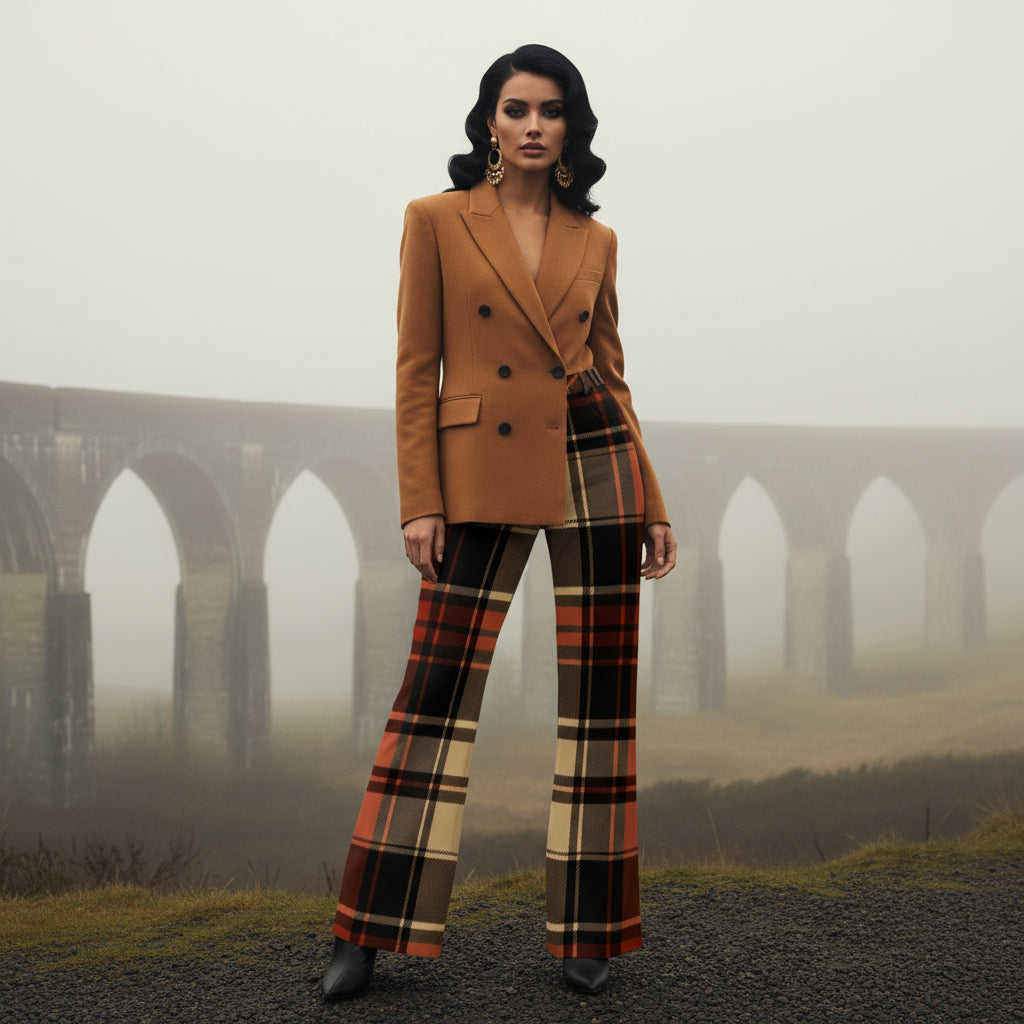 Woman wearing women’s wide leg high waist tartan trousers with brown blazer outdoors
