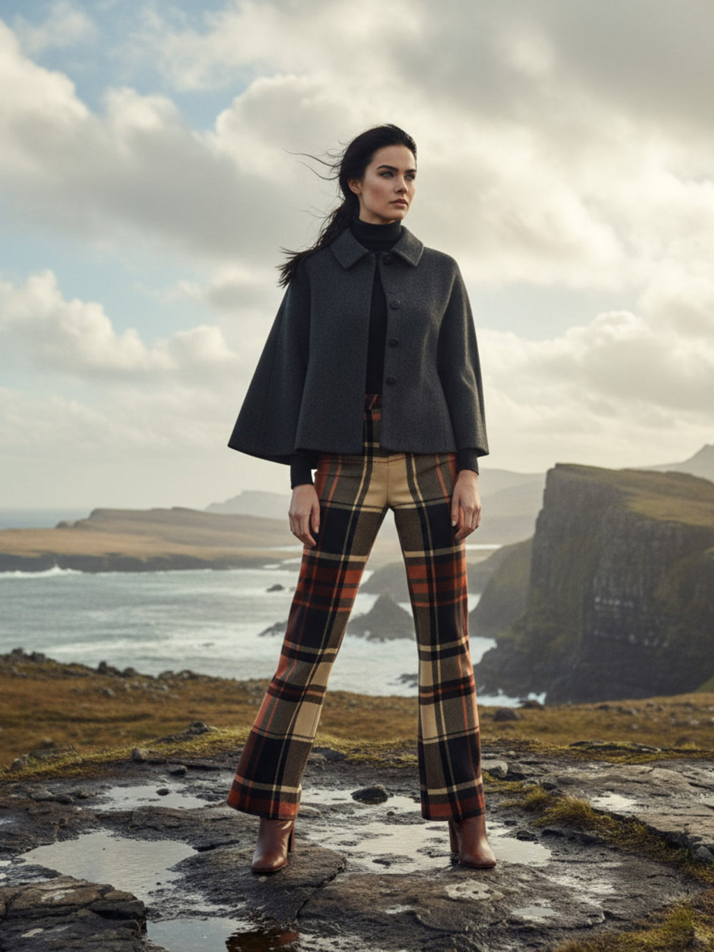 Women wearing women’s wide leg high waist tartan trousers standing on rocky landscape near sea cliffs