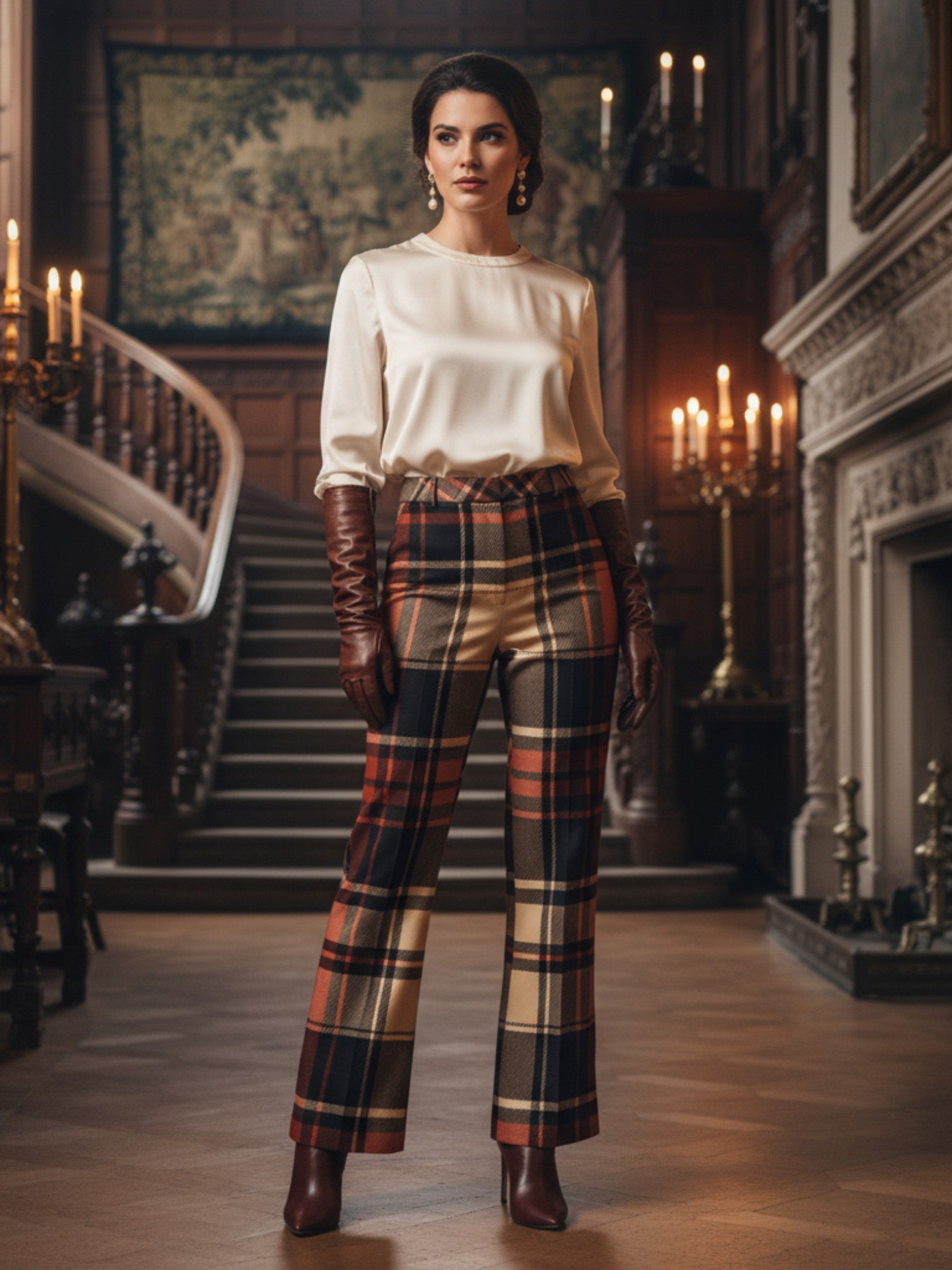 Women’s wide leg high waist tartan trousers with a multicolor plaid pattern from Angelic Blessings Shop
