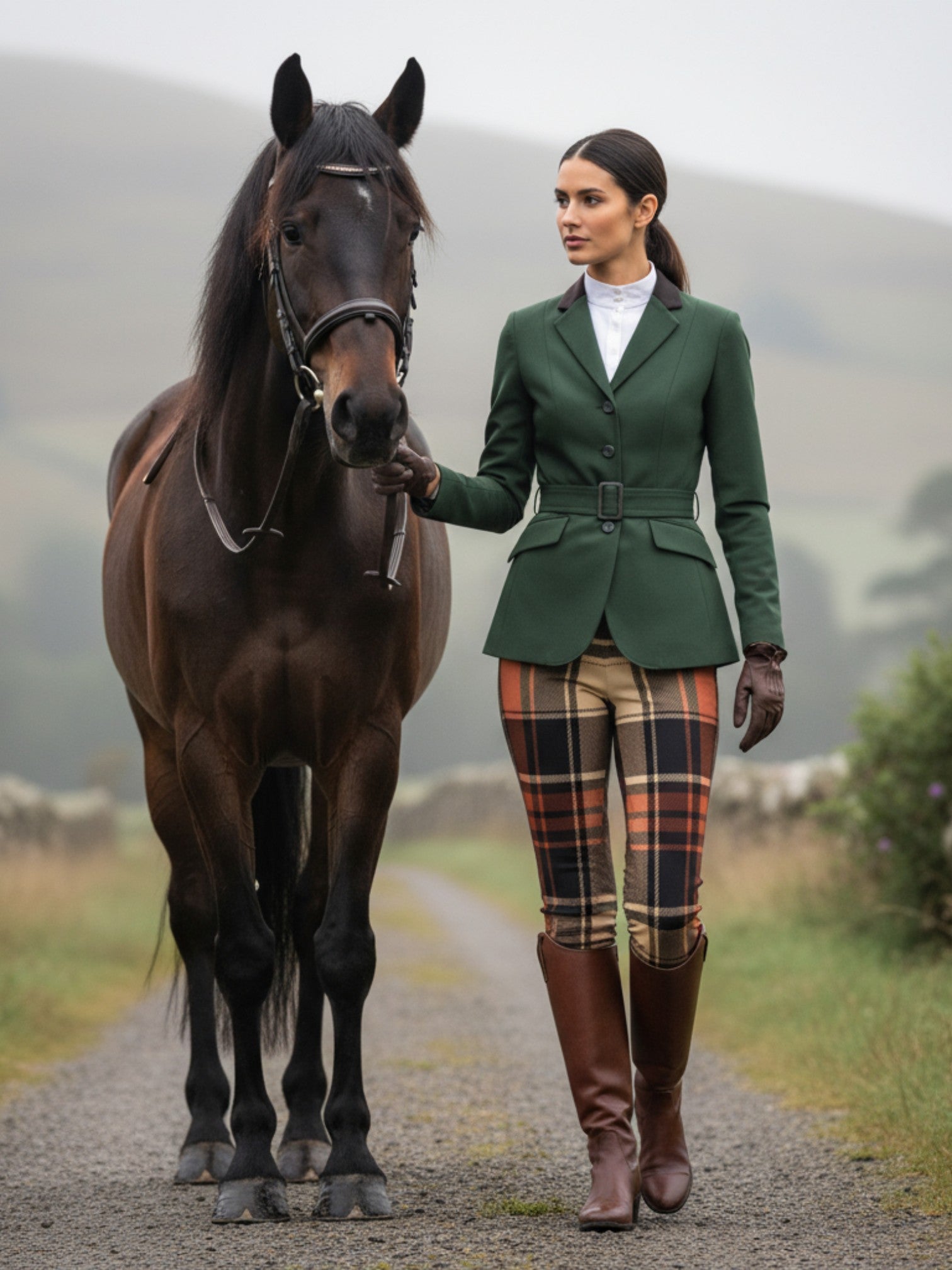 Woman wearing women’s wide leg high waist tartan trousers standing beside a brown horse outdoors