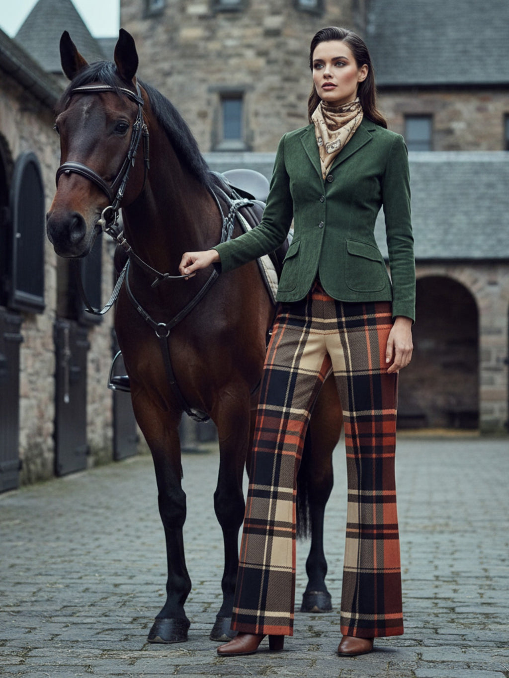Women’s wide leg high waist tartan trousers styled with green blazer and brown boots standing next to horse