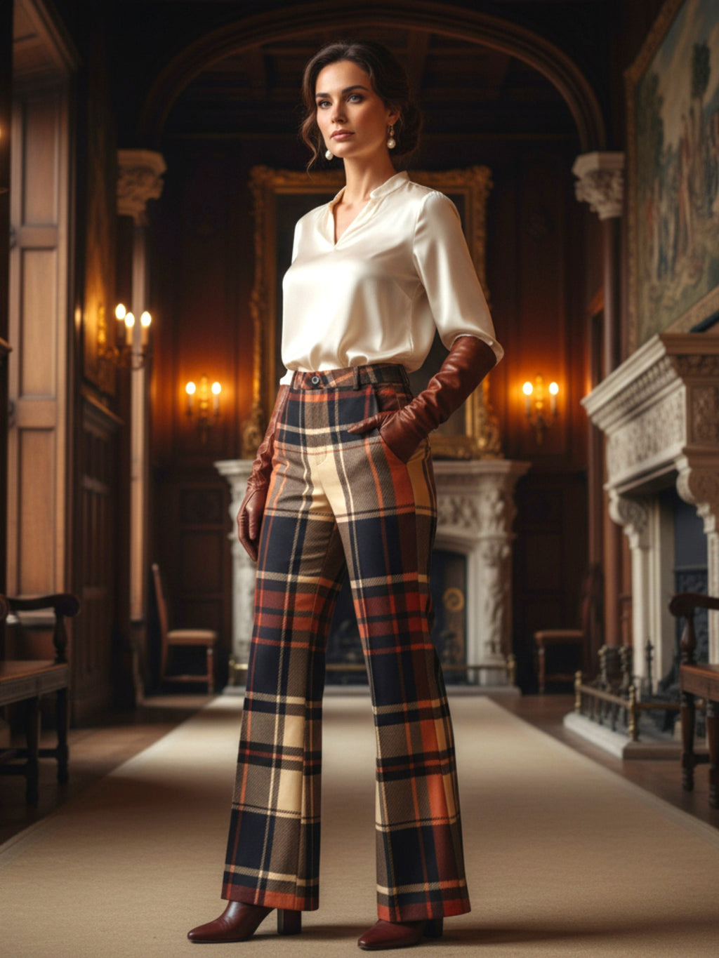 Women’s wide leg high waist tartan trousers styled with silk blouse and leather gloves in elegant room