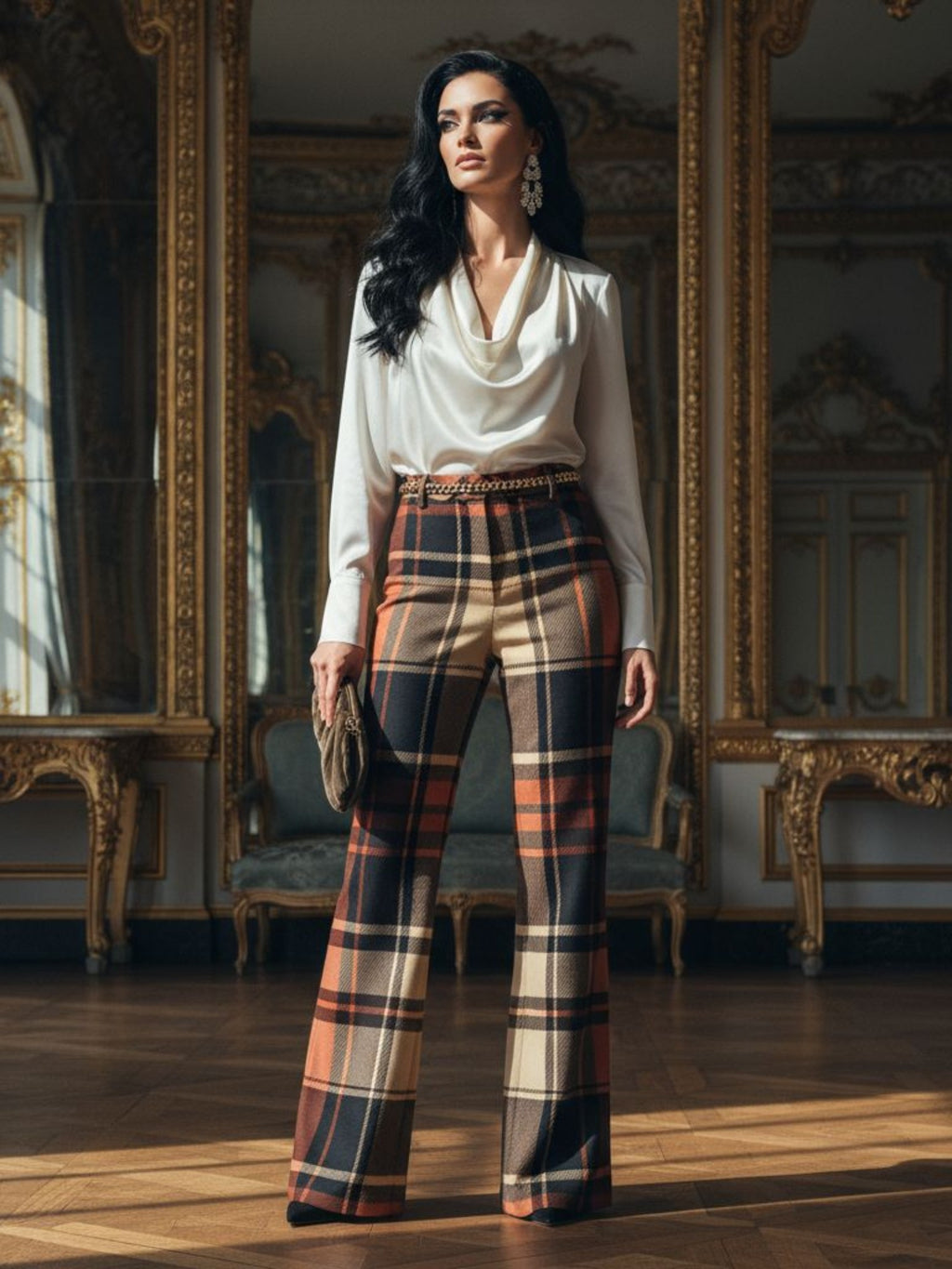 Woman wearing women’s wide leg high waist tartan trousers with a white blouse in a vintage room