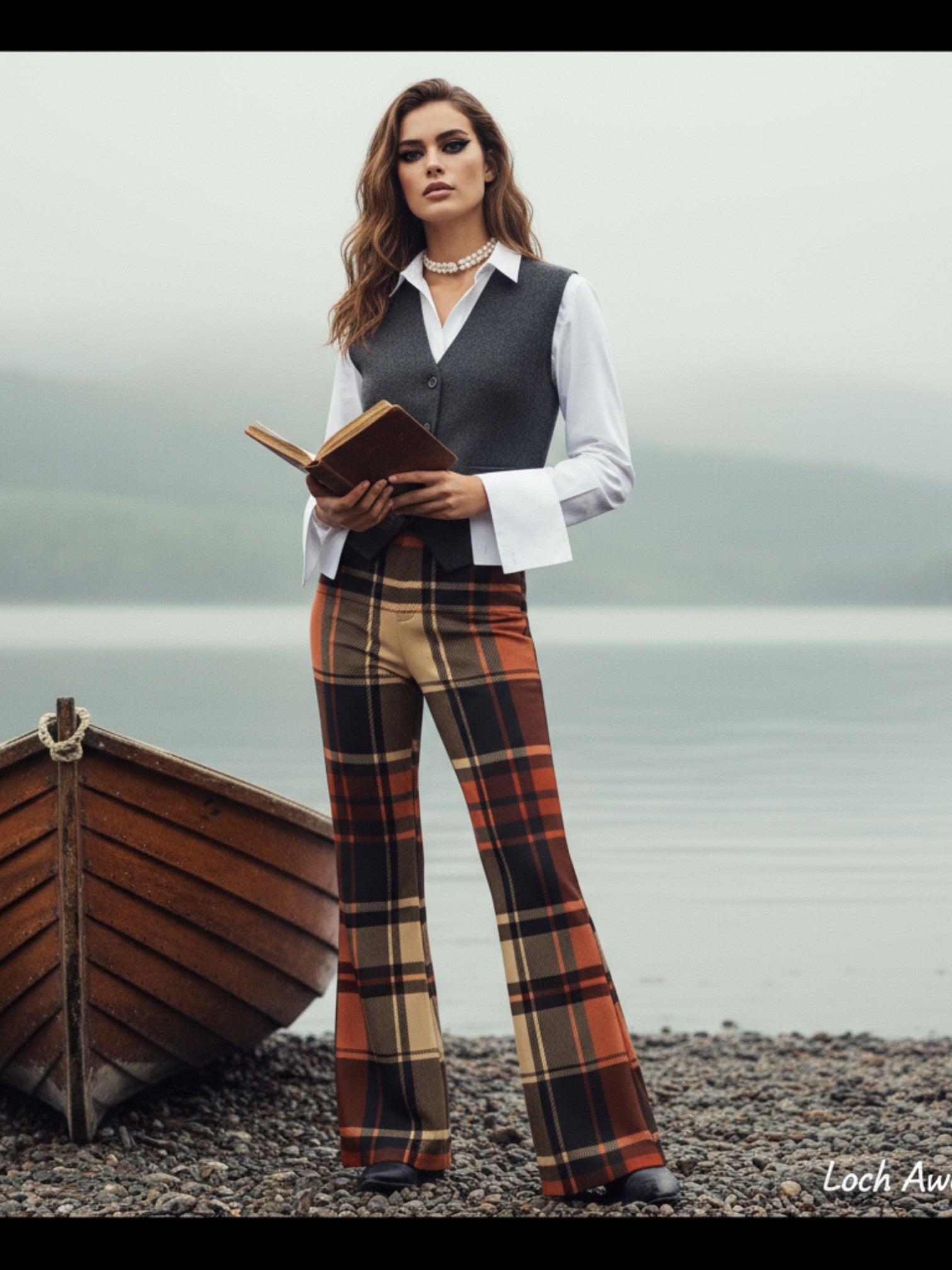 Model wearing women’s wide leg high waist tartan trousers by Angelic Blessings Shop standing by a wooden boat near a lake