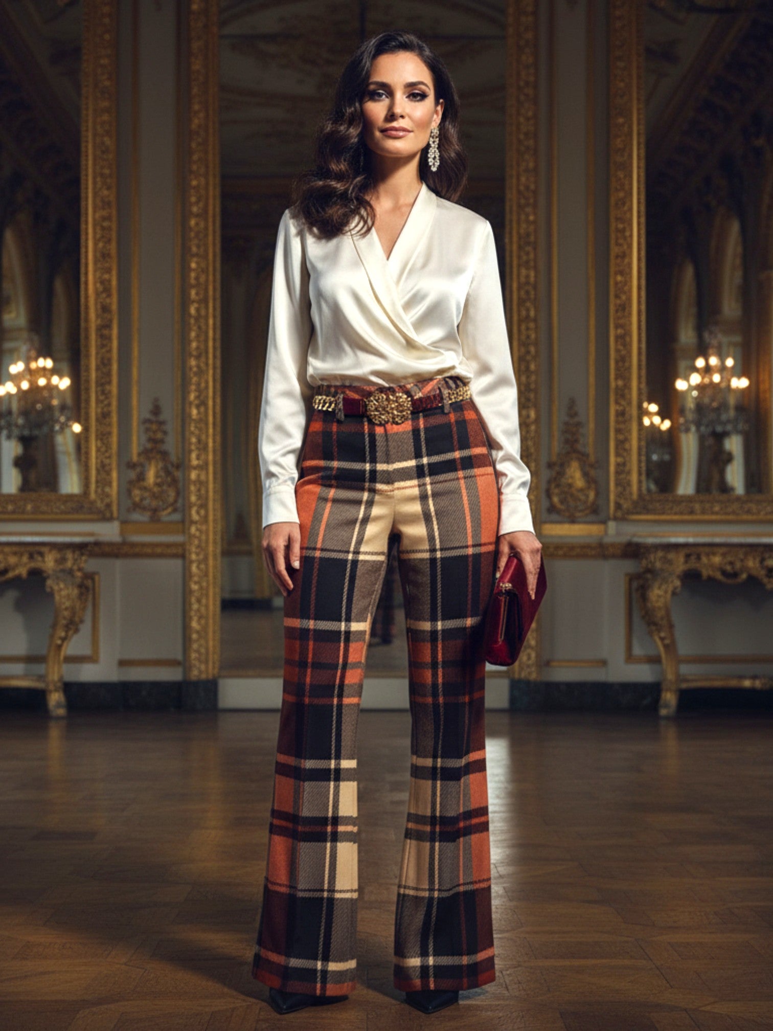 Women’s wide leg high waist tartan trousers in brown and black plaid worn with a white blouse