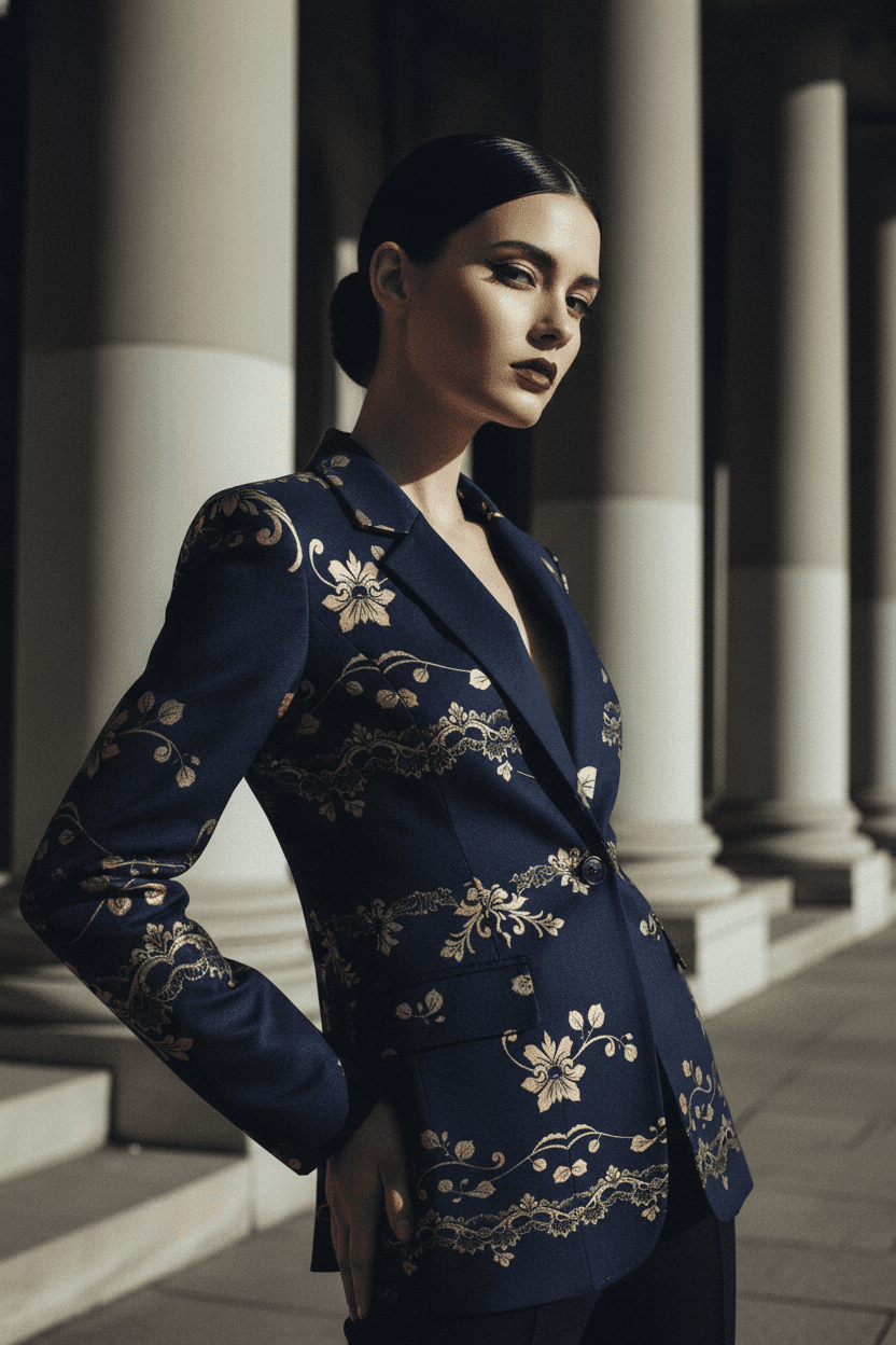 Women's navy gold floral baroque blazer with intricate patterns by Angelic Blessings Shop